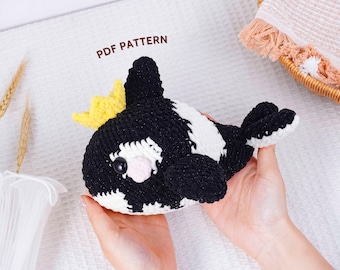 Padrão de crochê de baleia coroada, padrão de crochê amigurumi, padrão de amigurumi de animal marinho, tutorial em PDF de brinquedo de pelúcia de criatura marinha