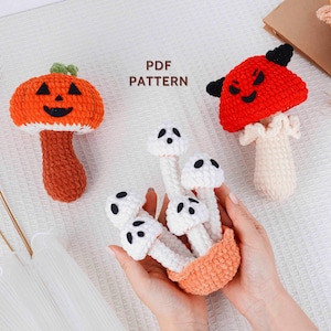 Frightful Fungi Trio Crochet Patterns | Pumpkin Mushroom Pattern, Ghost Mushroom Pattern, Spooky Mushroom Pattern, Amigurumi Crochet Pattern
