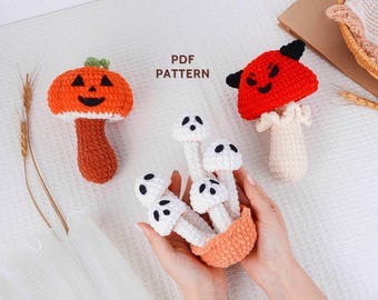 Frightful Fungi Trio Crochet Patterns | Pumpkin Mushroom Pattern, Ghost Mushroom Pattern, Spooky Mushroom Pattern, Amigurumi Crochet Pattern