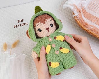 Kleiner Affe im Pyjama Häkelmuster, Affe Amigurumi Muster, bekleidetes Tier Muster, Stofftier häkeln, Digitales PDF Muster