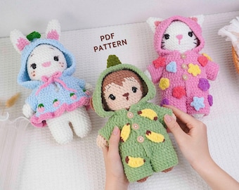 Combo 3in1 Tier Pyjamas Häkelanleitung, Kleiner Hase mit Hoodie Muster, kleiner Affe mit Pyjama Muster, Katze mit Pyjama Muster