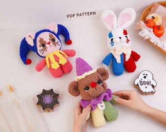 Kit com 3 padrões de crochê em 1: Urso Palhaço, Coelho Palhaço e Gato Palhaço (PDF digital).