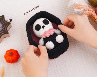 Padrão de crochê de esqueleto de caixão para o Halloween, crochê de esqueleto para o Halloween, padrão de amigurumi de esqueleto, decoração de Halloween em crochê, padrão em PDF