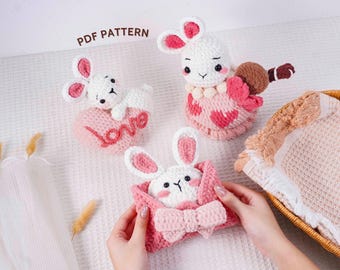Pacote de padrões de crochê de coelhinho para o Dia dos Namorados, padrão de bolo de creme de coelho, padrão de coelho de coração, padrão de envelope de coelho, padrão com tema de Dia dos Namorados