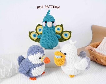 Padrões de crochê para trio de penas | Padrão de pavão, padrão de pelicano, padrão de gaivota, padrões de crochê de amigurumi, tutorial de brinquedo digital
