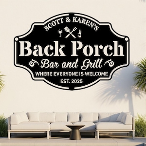 Metal Bar and Grill Sign, Custom Name Grill Sign, Grill Bar Sign, Porch BBQ Wall Art, Patio Decor, Backyard Bar Sign, Summer Patio Sign