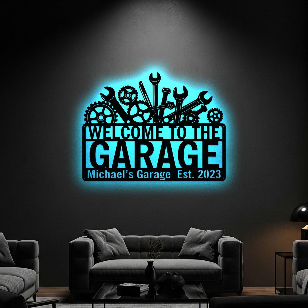 Garage Sign Custom Name With LED Light, Metal Garage Sign, Tool Shop ...