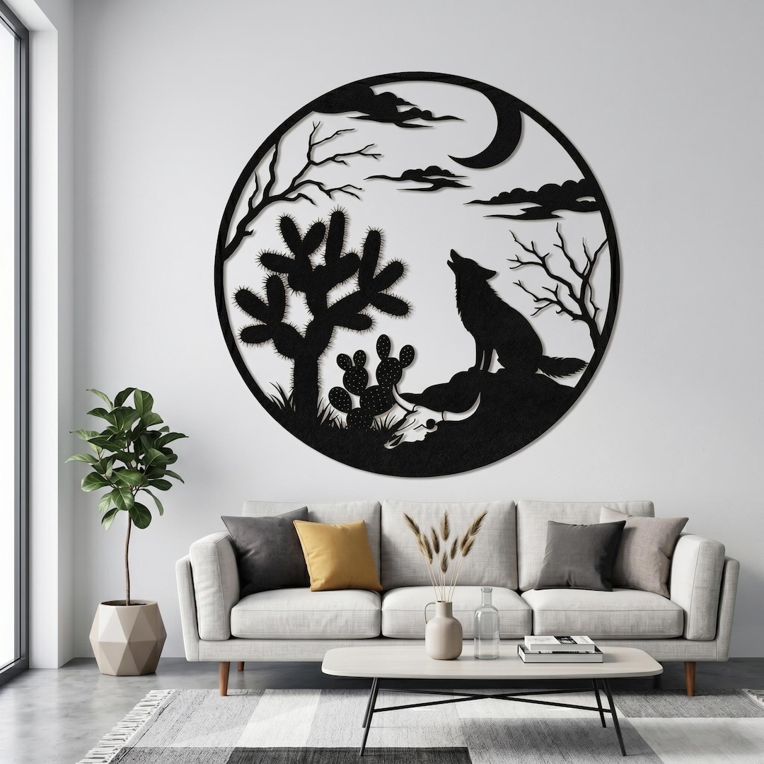 Wolf Howling at the Moon Metal Wall Art, Desert Landscape Decor, Coyote ...