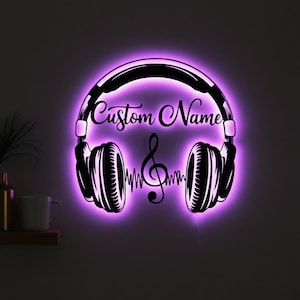 Music Studio Metal Sign with LED Light, Custom Headphones Name Sign, Earphones Wall Art, Music Room Decor, Music Lover Gift, Game Room Decor