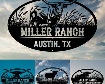 Custom Metal Ranch Sign, Longhorn Bull Western Ranch Decor, Farm Name Sign with Bull, Farm Gate, Entry Decor, Texas Ranch Decor, Cowboy Gift