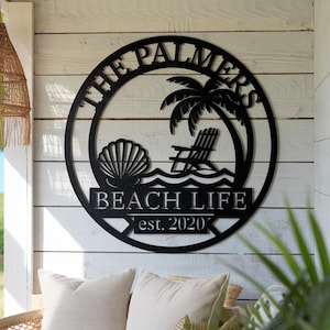 Personalized Beach Life Metal Sign, Family Name Wall Art for Beach House Decor, Coastal Home Decor, Palm Tree Beach Scene with Name and Year