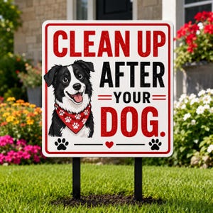 Könnte beinhalten: Rechteckiges Schild mit rotem Rand und dem Text "CLEAN UP AFTER =YOUR= DOG." Ein schwarz-weißer Hund mit rotem Halstuch und weißen Pfotenabdrücken ist in der Mitte. Pfotenabdrücke und ein Herz unten.