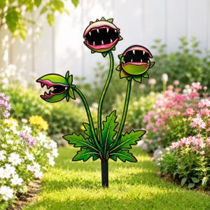 May include: A garden stake featuring three green, cartoon-style carnivorous plants with open mouths, sharp white teeth, and pink interiors. The plants are attached to long, slender green stems rising from a central base of jagged green leaves.