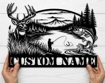 Letrero de metal para caza y pesca, letrero de cabaña con nombre personalizado, letrero de cabaña de pesca, regalo de caza y pesca para cazadores, pescadores, regalo de leñador.