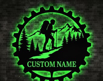 Custom Mountain Hiker Metal Sign with LED Light, Hiking Sign, Hiking Wall Sign, Mountain Hiker Sign, Hiker Gift Idea, Outdoor Lover Gift