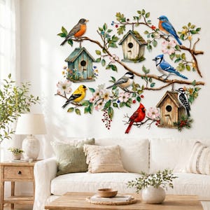 May include: A wall art piece featuring colorful birds and birdhouses on branches with flowers. The birds include a robin, blue jay, cardinal, and others. The birdhouses are in a rustic style, and the overall design has a natural, springtime theme.