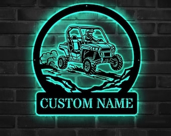 Personalized UTV Metal Sign LED Light, RZR Off-Road Wall Art, Side by Side Adventure Name Sign Dune Buggy Mountain Cabin Decor, Gift for Him