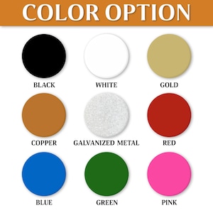 May include: Image displaying a color chart with nine circular color options. The colors include black, white, gold, copper, galvanized metal, red, blue, green, and pink. The text "COLOR OPTION" is at the top.