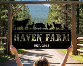 Personalized Farm Name Sign, Metal Farm Sign, Farm Entrance Metal Sign, Haven Farm Sign with Animals, Homestead Ranch Barnyard Barn Decor