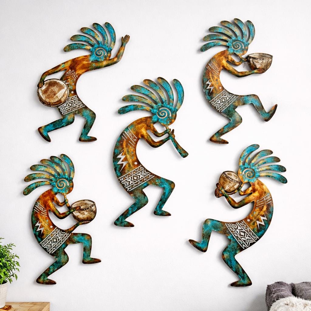 Kokopelli Metal Wall Art, Steel Drummer Flutist Dancers, Indoor