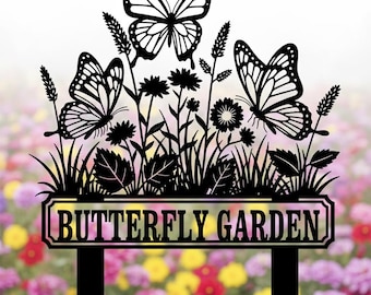 Aangepaste metalen tuinnaambord, tuinpaal buiten, tuinbord, gazonbord, monarchvlindertuin kunst aan de muur, bloembed decor, tuinliefhebbers cadeau