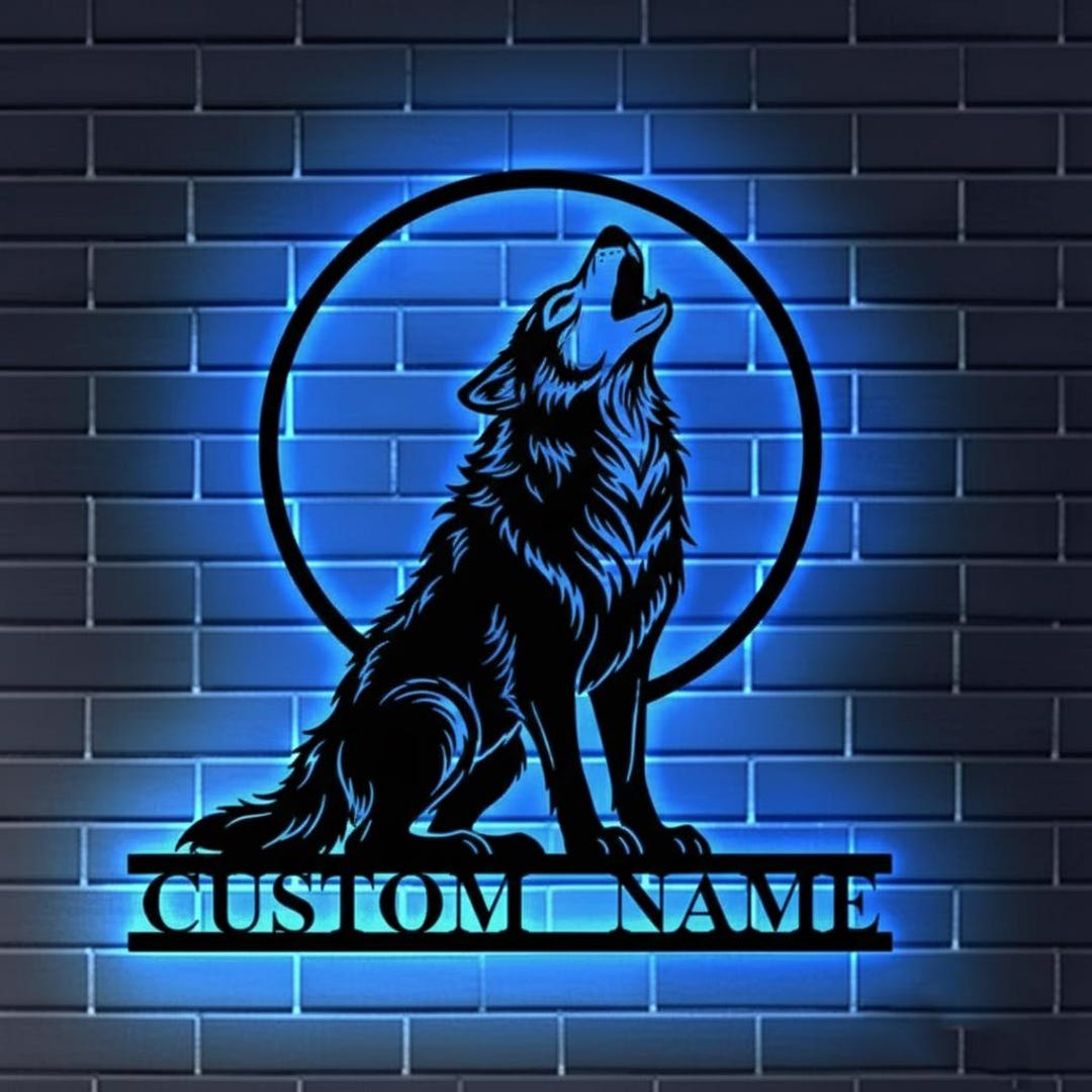 Wolf Sign How Custom Wolf Metal Sign LED Light, Wolf Name Signs, Howling Wolf Wall ...