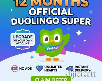 Abbonamento Duolingo Super di 12 mesi: senza pubblicità, cuori illimitati (accesso immediato)