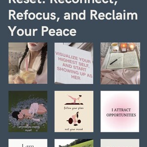 May include: A collage of images with self-care tips for a 14-day reset. The images include a woman wearing a face mask, a woman doing yoga, a woman lifting weights, a woman running, and a woman writing in a journal. The text on the images includes phrases like "visualize your highest self", "follow your plan", "I attract opportunities", and "discipline is the highest form of self-love".