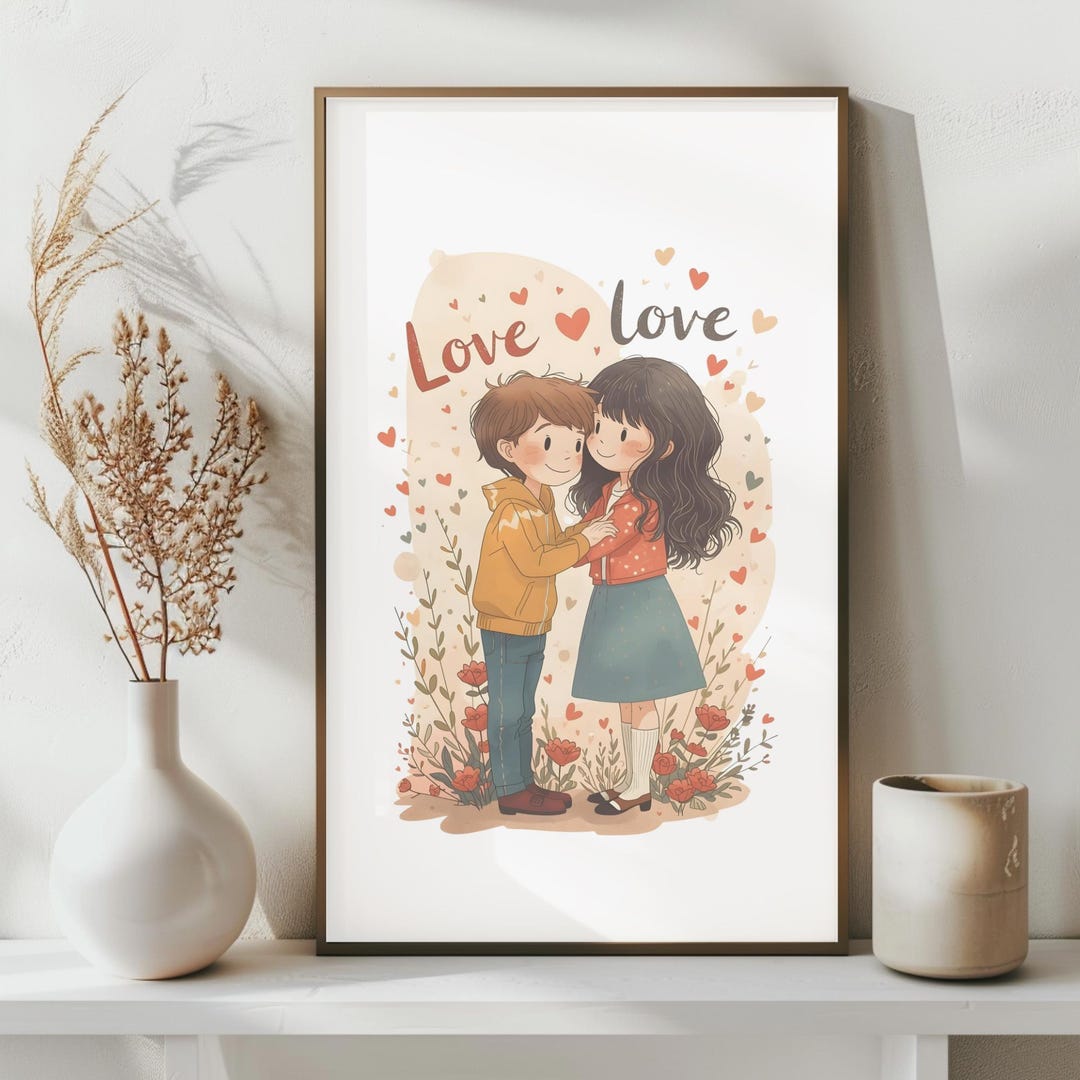 Couple Love Love Digital Wall Art, Watercolor Boy and Girl Decor ...