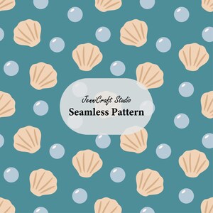 May include: A seamless pattern featuring light beige seashells and pale blue bubbles on a teal background. A central white oval overlay contains the black text JenniCraft Studio Seamless Pattern, partially obscuring the repeating design elements.