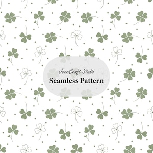 May include: A seamless pattern featuring sage green clover leaves and small dots on a white background. A central light grey oval contains the black text JenniCraft Studio Seamless Pattern, displayed in a clear, sans-serif and serif font.