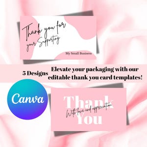 Bearbeitbare rosa Dankeskartenvorlage, Canva Business Dankeskarte, Kleinunternehmen, digitaler Download, minimalistische Karte