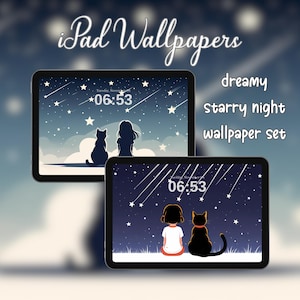 Starry Night iPad Wallpaper Set, iPad And Tablet Wallpaper, Aesthetic iPad Background, Cat and Girl, PNG Digital Download, Instant Download