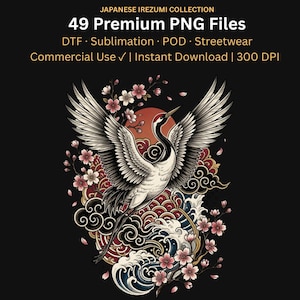 Könnte beinhalten: Eine digitale Grafiksammlung mit dem Titel JAPANESE IREZUMI COLLECTION 49 Premium PNG Files DTF Sublimation POD Streetwear Commercial Use 300 DPI mit einem weißen Kranich mit ausgebreiteten Flügeln, rosa Kirschblüten und stilisierten Wellen.