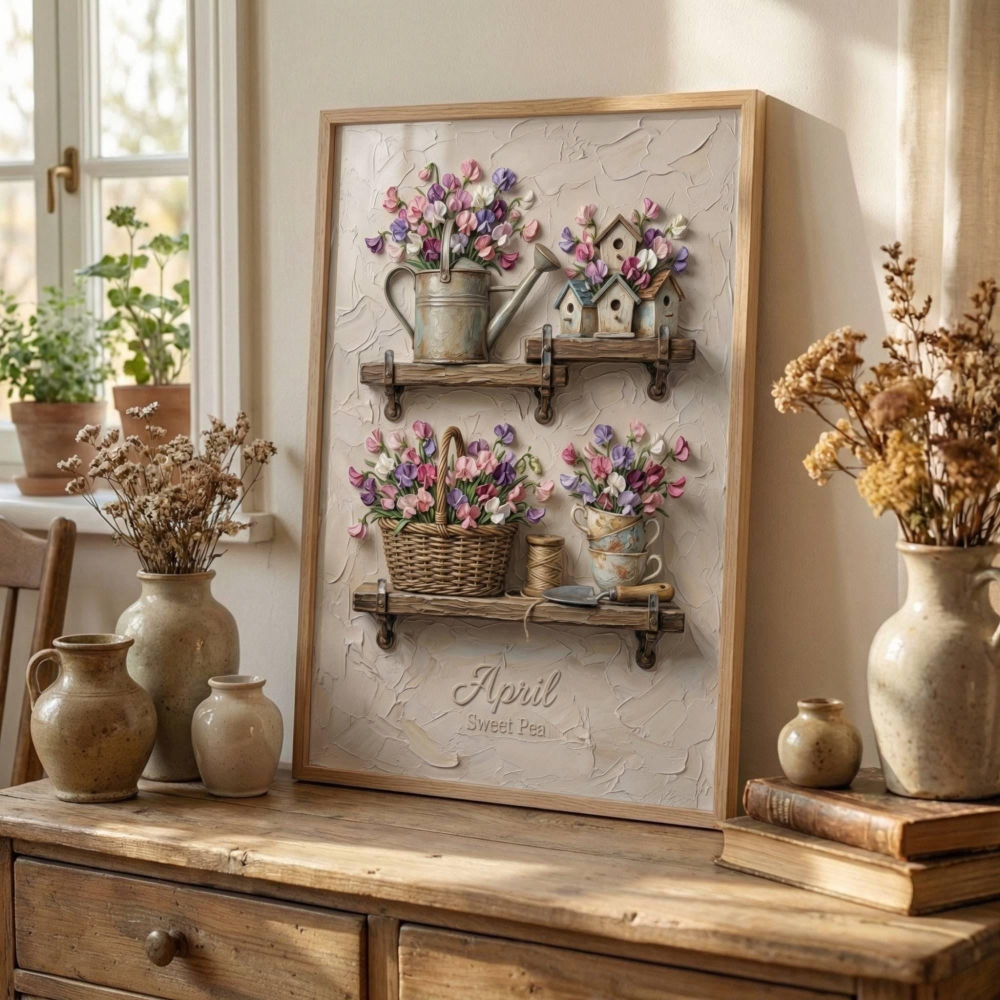 April Birth Flower Sweet Pea Still Life, Oil Painting Texture Giclee ...