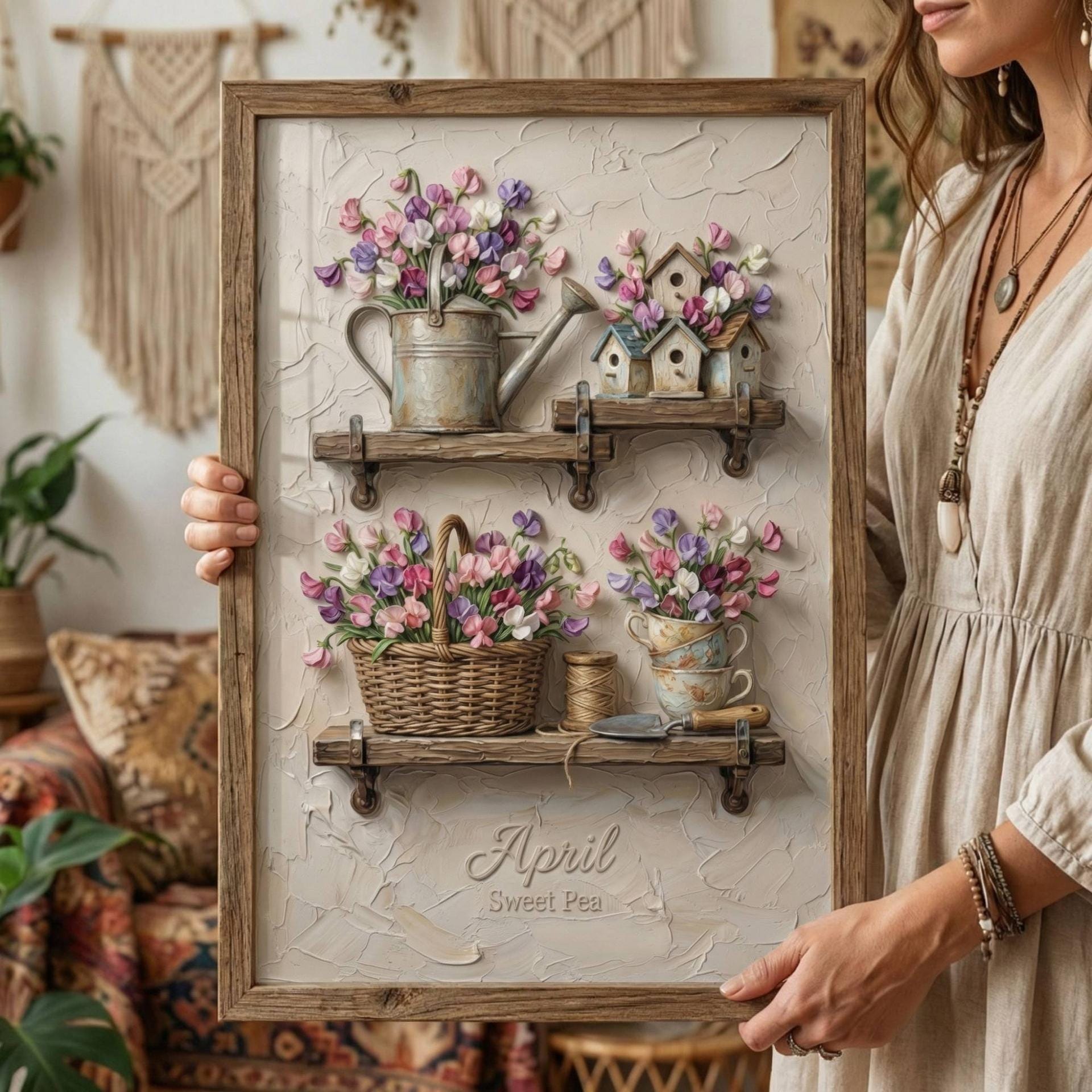April Birth Flower Sweet Pea Still Life, Oil Painting Texture Giclee ...