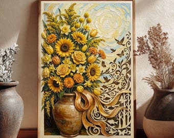 Yellow Floral Bouquet Giclée Print, Cottagecore Wall Art