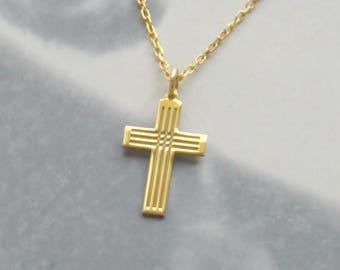 Dainty Striped Cross Necklace: 14k Gold or Sterling Silver Christian Pendant, Halloween and Christmas Gift