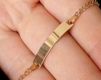 14k Solid Gold Baby Bracelet: Engraved Figaro Chain, Blue Evil Eye, Halloween and Christmas Gift, Halloween and Christmas Gift