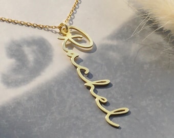 Custom Vertical Name Necklace: 925 Silver or Gold Script Jewelry, Halloween and Christmas Gift