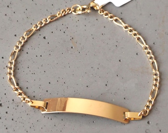 14k Solid Gold Baby Bracelet – Dangling Blue Evil Eye, Custom Engraved Figaro ID Chain, Adjustable Newborn Gift