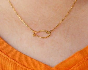Delicate 14k Gold Plated Ichthus Fish Necklace - Dainty Sea-Inspired Charm Pendant for Women, Halloween and Christmas gift