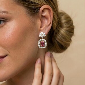 Ruby Dangle Earrings Gold Statement Earrings – Waterproof Tarnish Free Jewelry, Hypoallergenic Surgical Steel