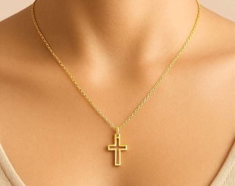 Dainty Open Cross Necklace: 14k Gold or Sterling Silver Christian Pendant, Halloween and Christmas Gift