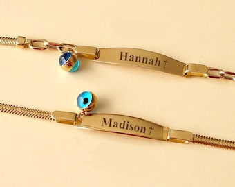 14k Solid Gold Baby Bracelet: Evil Eye, Custom Name, Baptism, Halloween and Christmas gift