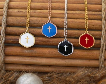 Dainty Enamel Cross Necklace: 14k Gold Plated Christian Pendant, Religious Gift for Her, Christian Gift