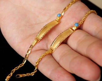 14K Gold Baby Bracelet: Engraved ID Plate, Woven or Rolo Chain, Halloween and Christmas gift