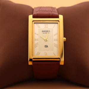 Gold Dial and Gold Case, Paired with a New Camel Leather Strap — Seiko Slim Vintage Quartz Men’s Wristwatch