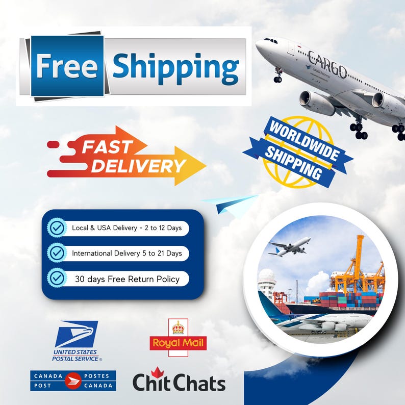 K&ouml;nnte beinhalten: Ein Bild mit einem blau-wei&szlig;en Banner mit der Aufschrift "Kostenloser Versand". Es gibt einen rot-gelben Pfeil mit der Aufschrift "Schnelle Lieferung". Es gibt ein blaues Banner mit der Aufschrift "Weltweiter Versand". Es gibt Bilder von Flugzeugen und einem Seehafen.