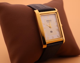 Polierte Seiko Slim Vintage Herren Armbanduhr mit Neuem Schwarzen Lederarmband